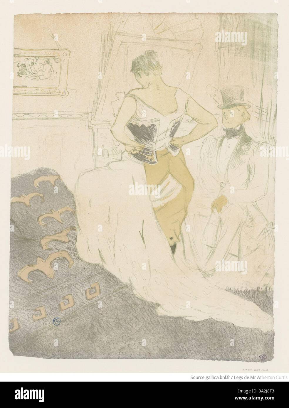 In "Femme en Corset - Conquête de passage", Toulouse-Lautrec raffigura una donna in un corsetto, enfatizzando la sua postura e le complessità della moda del XIX secolo. La litografia cattura la natura delicata ma restrittiva del corsetto, riflettendo il suo ruolo nel definire la bellezza femminile durante il periodo. Foto Stock