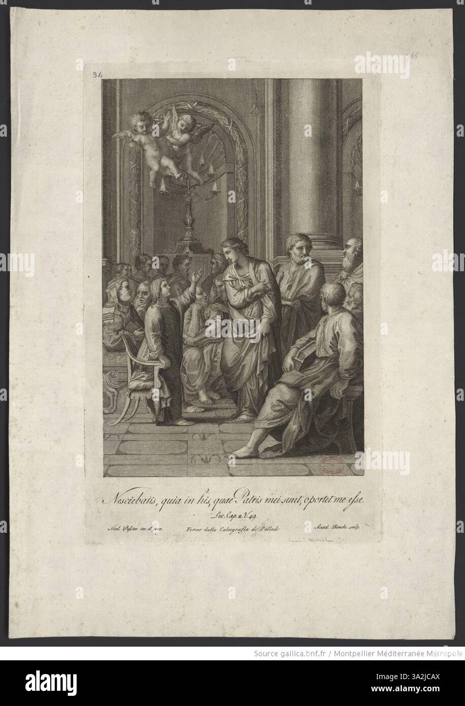 L'incisione di secondo Bianchi, basata sull'opera di Poussin, raffigura Gesù tra i dottori della legge, illustrando la saggezza e l'autorità del giovane Cristo negli insegnamenti biblici. Foto Stock