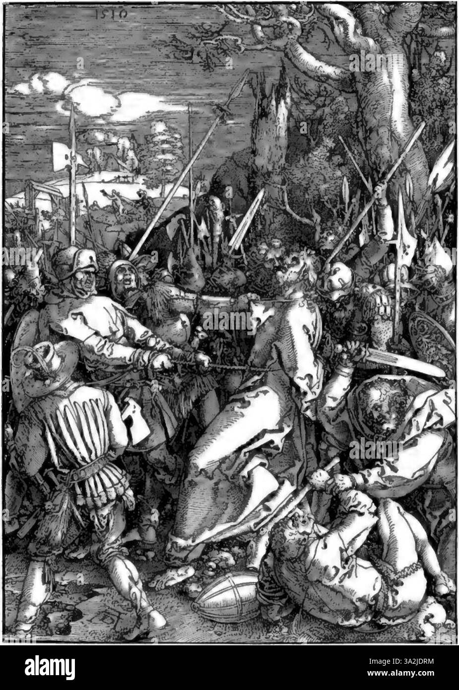 L'incisione di Dürer presenta delicati lavori di linea e tecniche di ombreggiatura efficaci, che illustrano una scena religiosa o mitologica con profondità dimensionale. Foto Stock