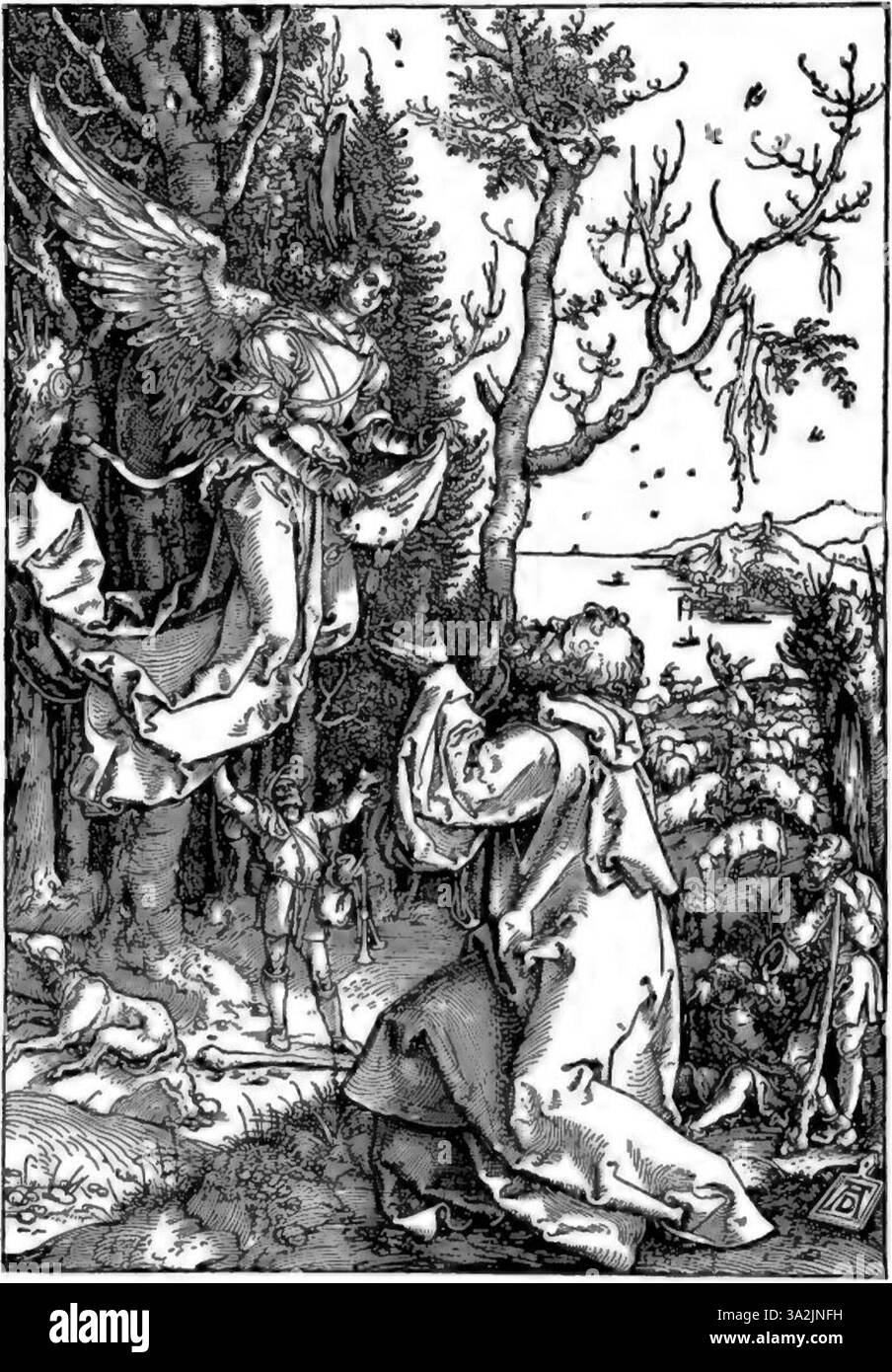 L'incisione di Dürer presenta un'intricata ombreggiatura e un lavoro preciso sulle linee, che illustra con profondità e chiarezza una scena religiosa o mitologica. Foto Stock