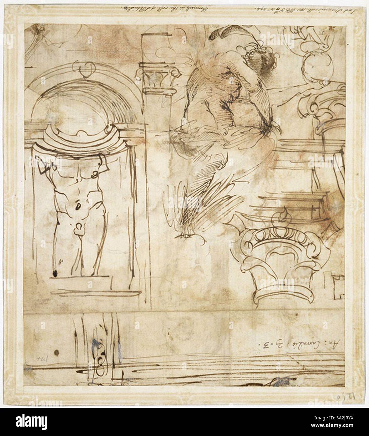 Questo progetto di Annibale Carracci mette in mostra il suo progetto proposto per la Galleria Farnese, illustrando la disposizione prevista e gli elementi tematici per il grande spazio. Il lavoro esemplifica la sua visione architettonica e decorativa. Foto Stock