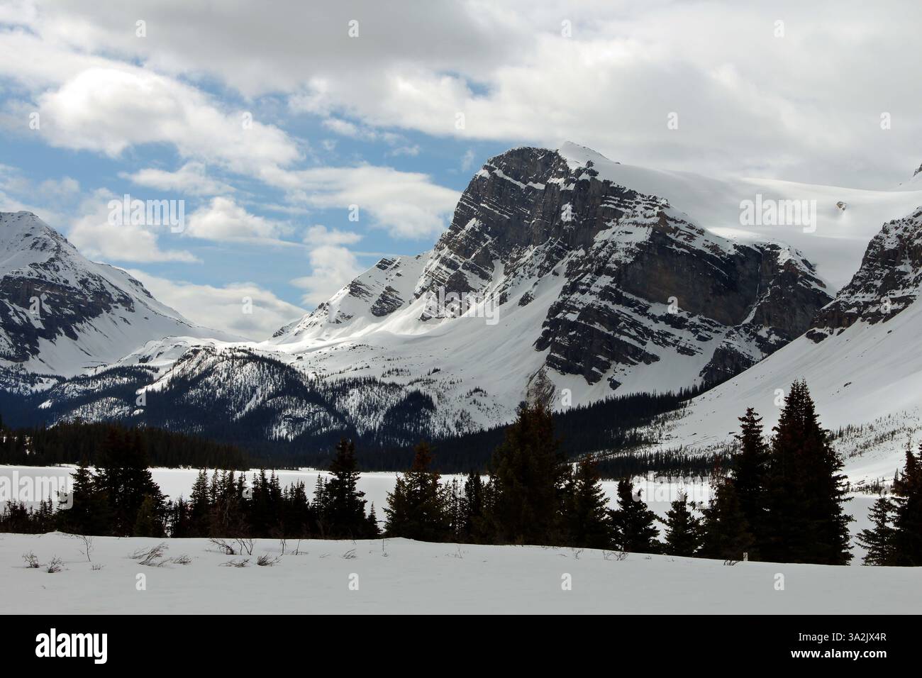 20 maggio 2014 - Calgary, AB, Canada - neve sulle cime sopra il lago Bow a nord del lago Louise, alta, martedì 20 maggio 2014. Il lago Bow si trova alle sorgenti del fiume Bow. Mike Drew/Calgary Sun/QMI Agency (immagine di credito: © Mike Drew/QMI Agency/ZUMAPRESS.com) Foto Stock