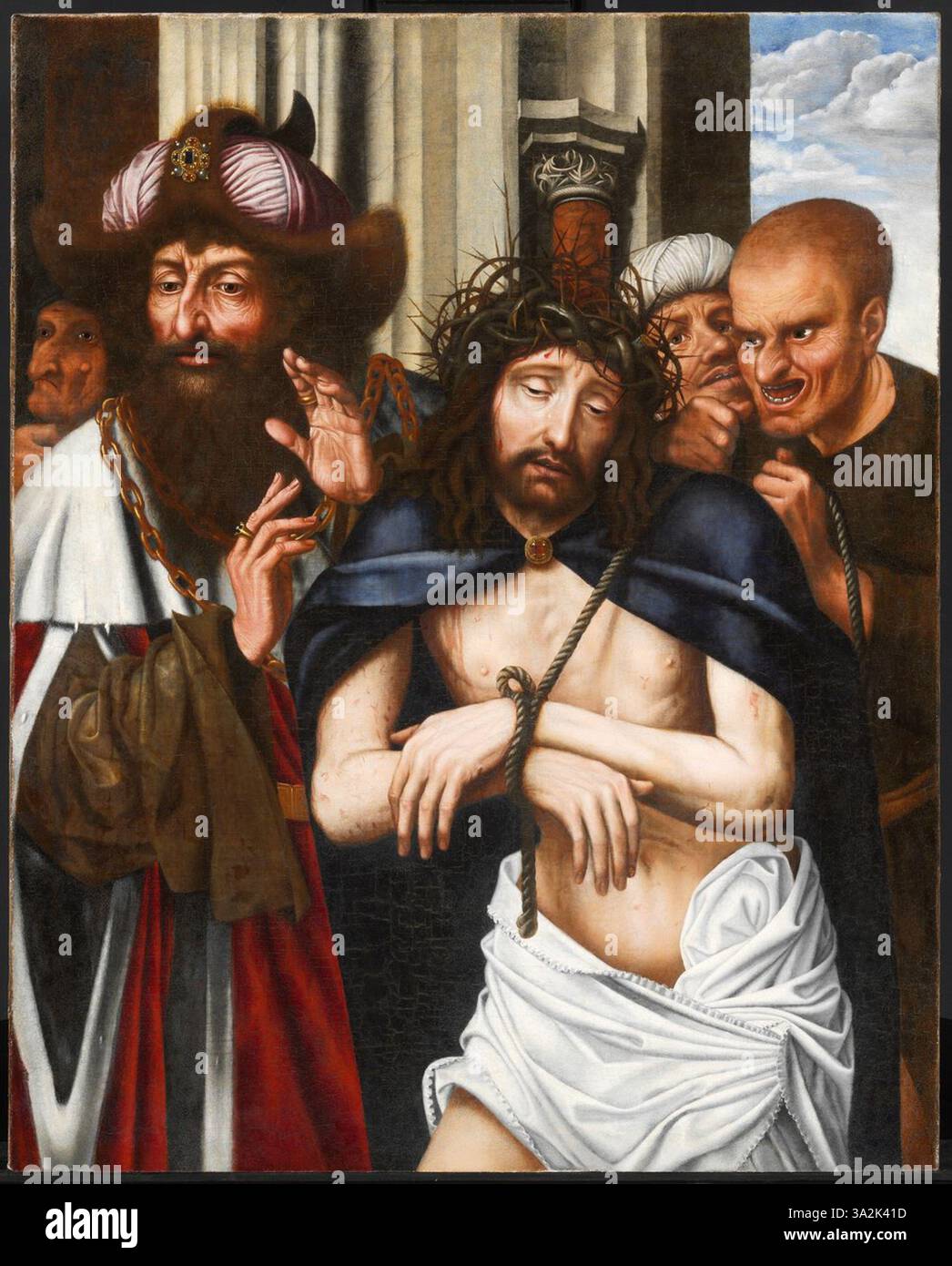 Quest'opera di Quinten Massys, basata sul tema "Ecce Homo", presenta Cristo con una corona di spine e una veste, ritraendo il momento della sua umiliazione pubblica prima della crocifissione. Il dipinto trasmette dolore e riverenza. Foto Stock