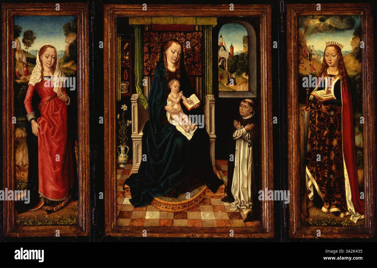 Questo trittico, dipinto intorno al 1485-90, raffigura la Vergine Maria con Santa Maria Maddalena e Santa Caterina. Le figure sono rappresentate in eleganti pose, con particolare attenzione al loro abbigliamento e alle espressioni facciali. Foto Stock