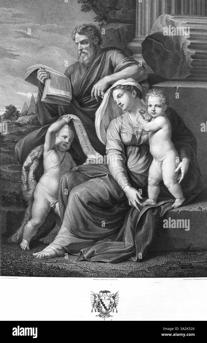 *Sacra famiglia con San Giovanni Battista bambino* attribuita a Faustino Anderloni mostra la Sacra famiglia con il neonato San Giovanni Battista, mostrando iconografie religiose classiche. Foto Stock