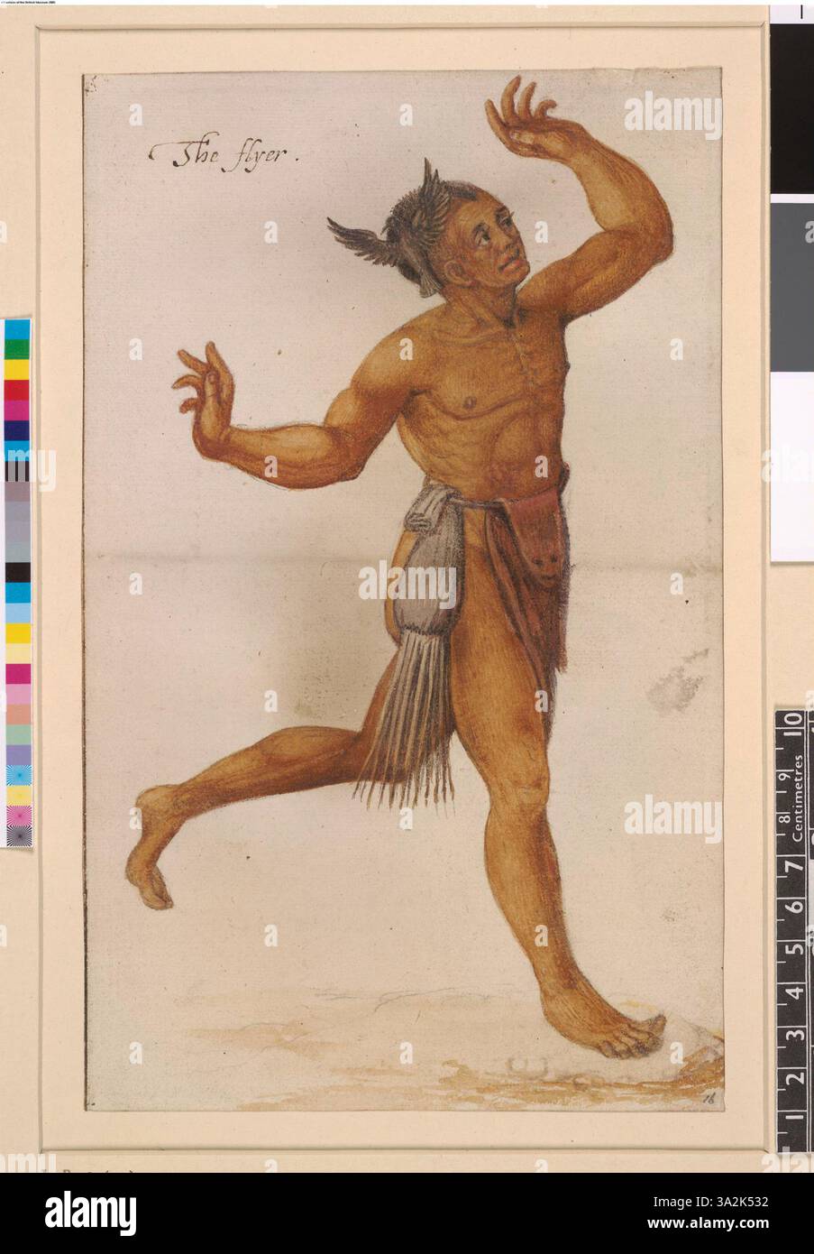 "The Flyer" di John White raffigura un uomo della medicina indiana in una danza dinamica. La figura è decorata con un copricapo piumato e una sacca per tabacco, catturata in acquerello e grafite. Foto Stock