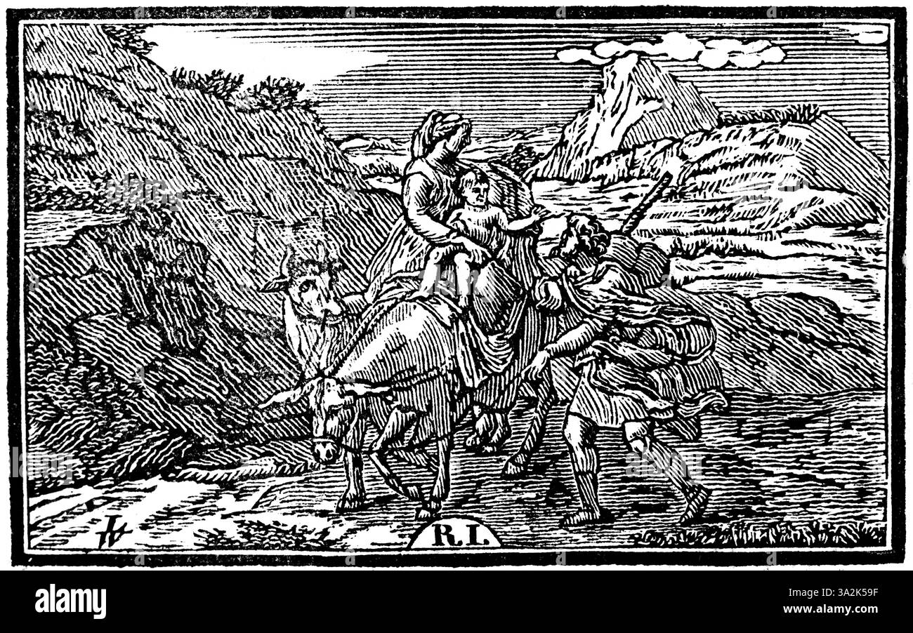 Il volo della Sacra famiglia in Egitto, Maria e Giuseppe, Gesù bambino, squadra di buoi, paesaggio montano, xilografica, illustrazione storica, Christoph Foto Stock