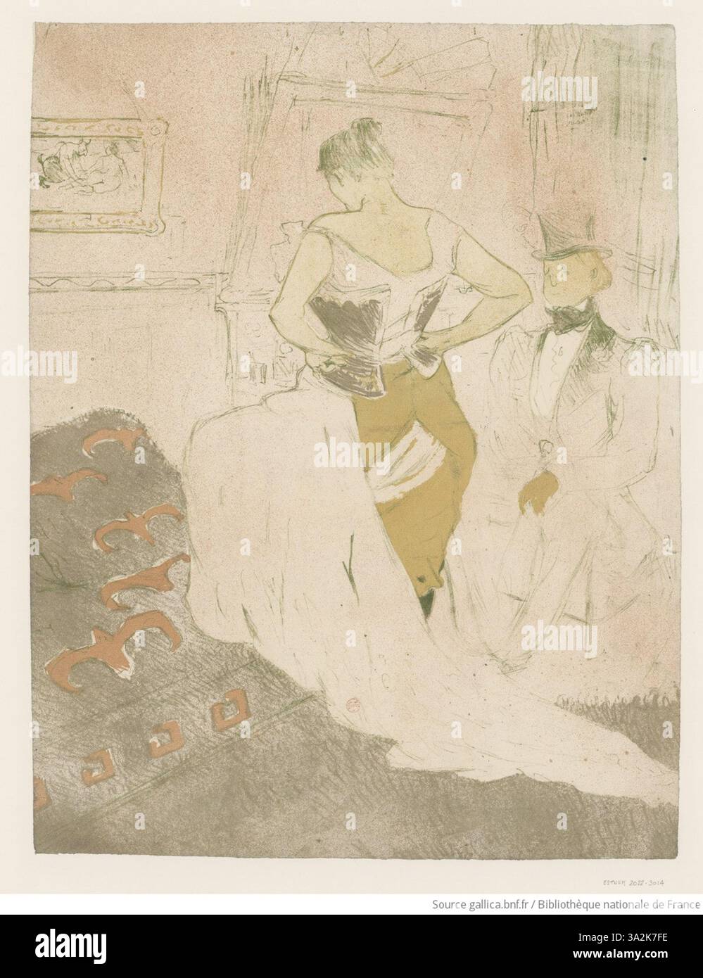 "Femme en corset - Conquête de passage" di Toulouse-Lautrec presenta una donna in corsetto, evidenziando la sua postura e il suo abbigliamento. La litografia cattura l'eleganza e i vincoli della moda nel XIX secolo, sottolineando il delicato equilibrio di bellezza e restrizione nell'abbigliamento femminile. Foto Stock