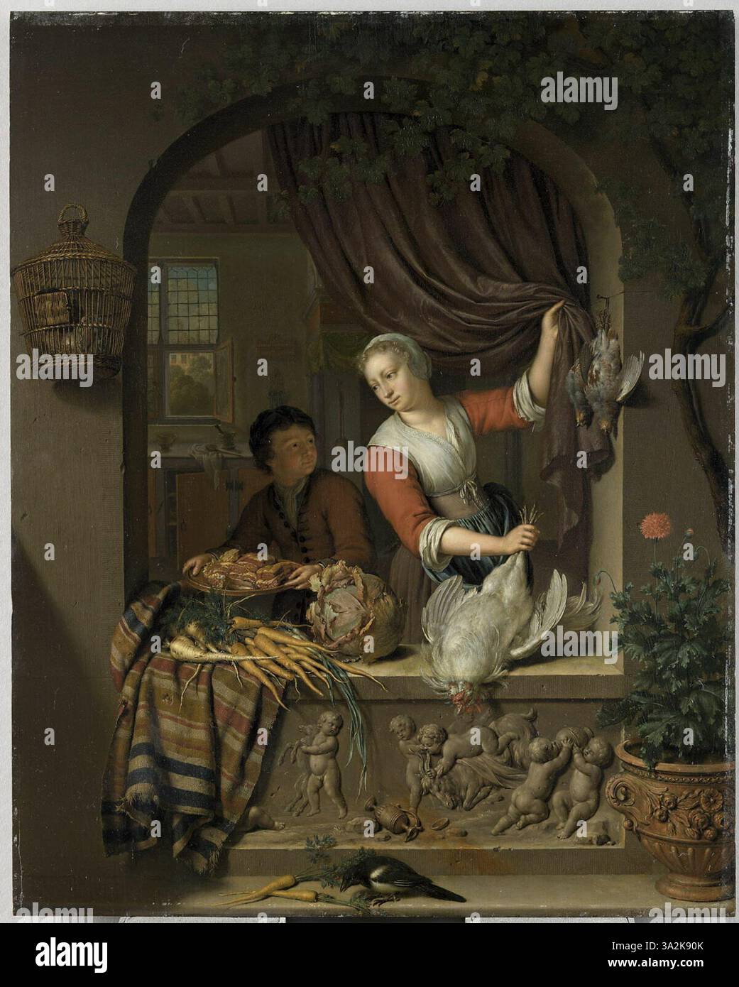 In questo dipinto del 1715, viene mostrata una giovane donna che tiene in mano un uccello morto a una finestra, con particolare attenzione alla delicata rappresentazione del soggetto e ai dettagli naturalistici dell'ambiente circostante. Foto Stock In questo dipinto del 1715, viene mostrata una giovane donna che tiene in mano un uccello morto a una finestra, con particolare attenzione alla delicata rappresentazione del soggetto e ai dettagli naturalistici dell'ambiente circostante. Foto Stock