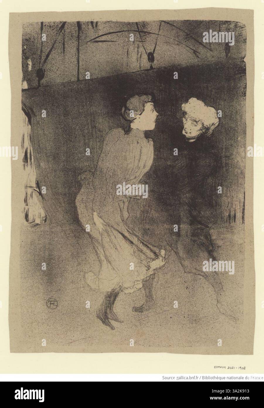 La Répétition générale aux Folies-Bergère (Emilienne d'Alenceon et Mariquita) presenta un momento sincero di una prova alle Folies-Bergère, dove si esibiscono Emilienne d'Alenceon e Mariquita. Toulouse-Lautrec mette in risalto la loro eleganza e il loro movimento, riflettendo l'energia della scena del cabaret parigino. Foto Stock