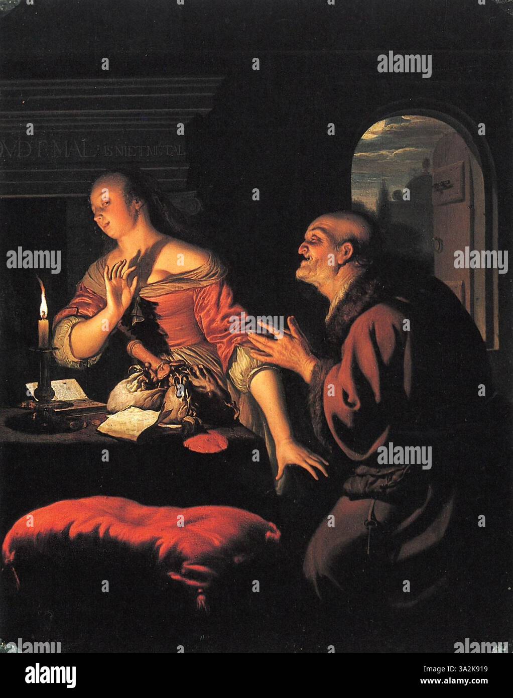 "Oude man probeert een jonge vrouw te verleiden" (un vecchio che cerca di sedurre una giovane donna) di Frans van Mieris raffigura una scena di genere di flirt e corteggiamento. Il dipinto cattura l'interazione tra le figure con meticolosa attenzione ai dettagli. Foto Stock