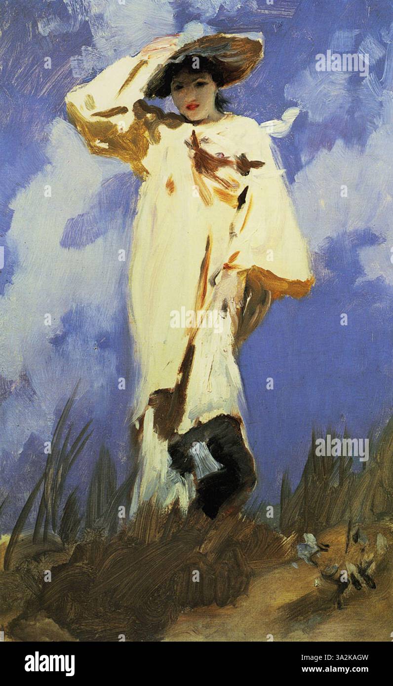 Questo dipinto, probabilmente creato tra il 1883 e il 85, mostra Judith Gautier in un momento espressivo, catturato dal flusso del vento. L'uso della luce e del movimento di Sargent enfatizza le caratteristiche delicate del soggetto e il senso dinamico del movimento. Foto Stock