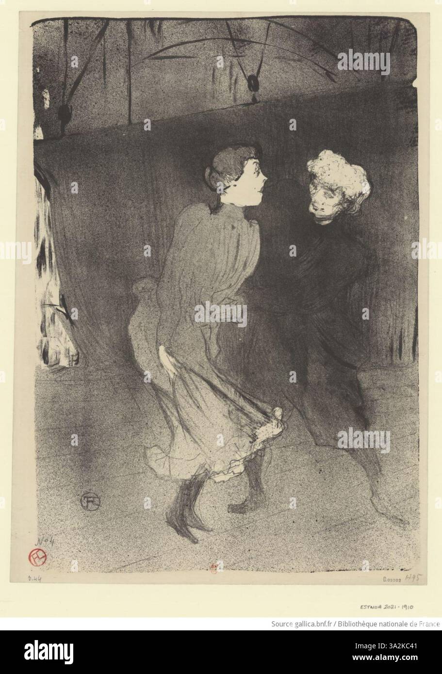 In "Répétition générale aux Folies-Bergère", Toulouse-Lautrec cattura la grazia e il movimento di Emilienne d'Alenko e Mariquita durante una prova. L'artista mette in risalto la sua eleganza e la sua presenza sul palco, caratteristica del teatro parigino. Foto Stock