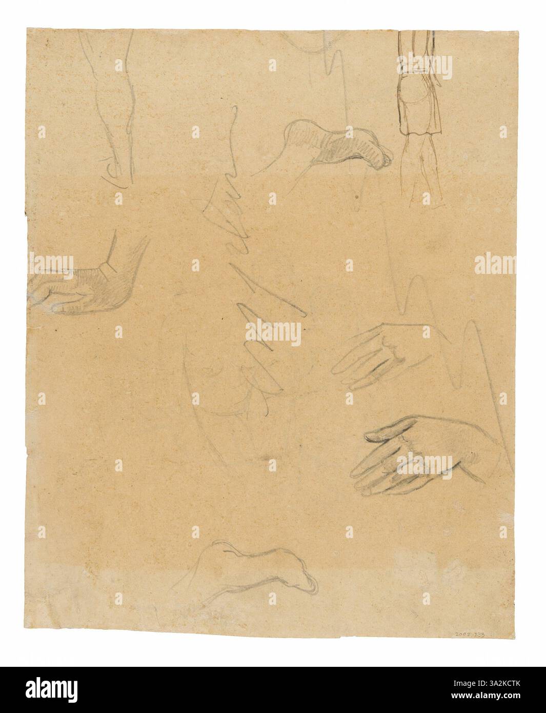 Una raccolta di schizzi di Paul Gauguin, incentrati su figure, mani e piedi, che riflettono il suo studio della forma umana. Questi disegni preparatori offrono approfondimenti sul suo processo artistico, con un'enfasi sui dettagli anatomici e sul movimento. Foto Stock