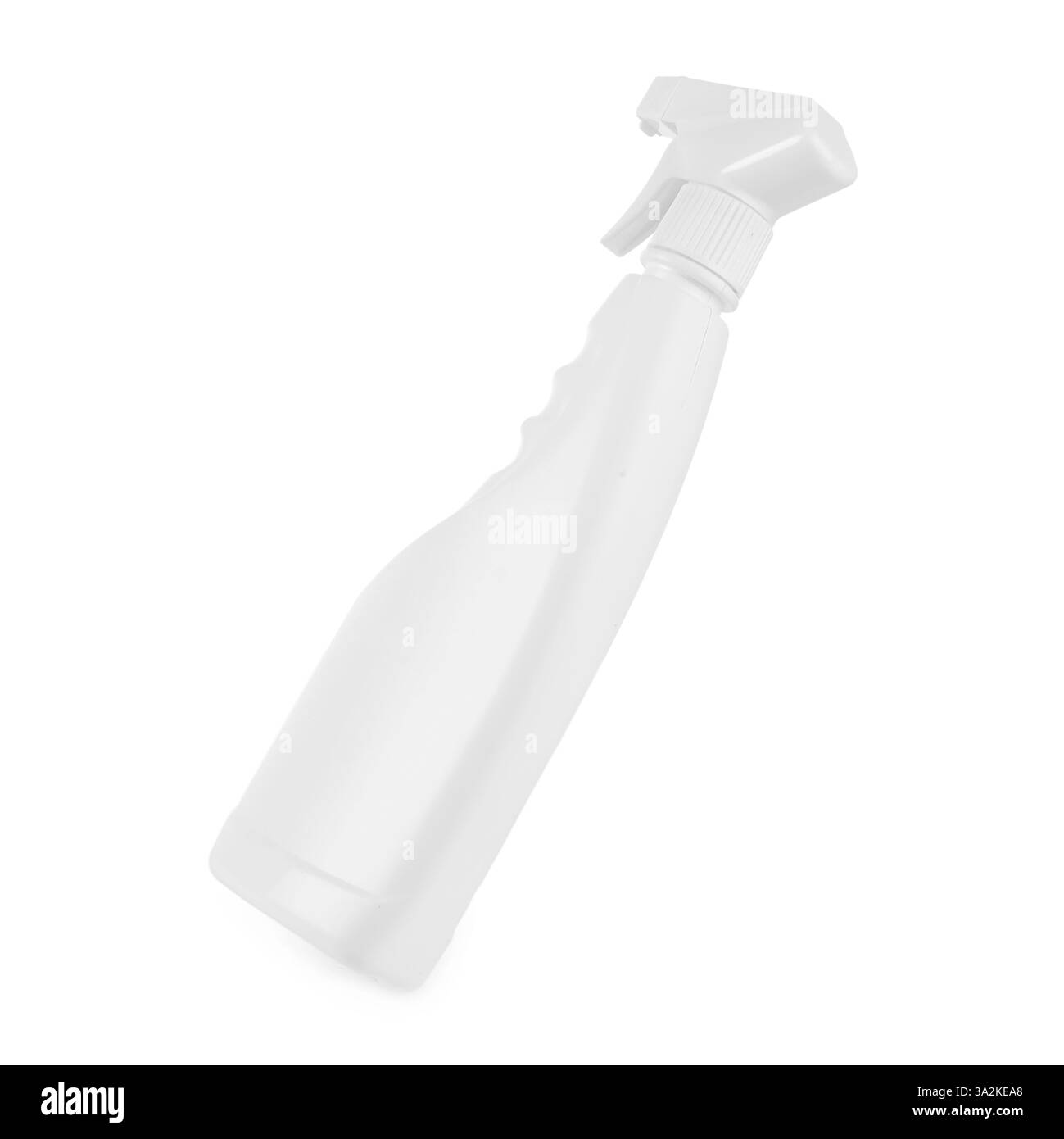 Spruzzare il flacone di prodotto detergente in aria isolata su bianco Foto Stock