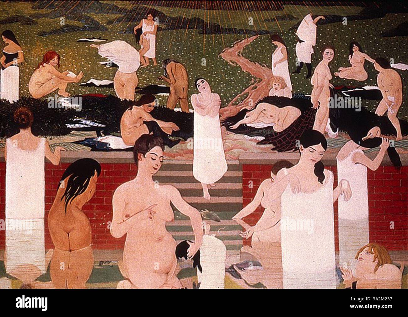 "Le bain au soir d'été" raffigura una tranquilla scena serale con una donna che si bagna in un paesaggio sereno. Vallotton utilizza colori caldi per evocare la bellezza tranquilla del crepuscolo estivo. Foto Stock