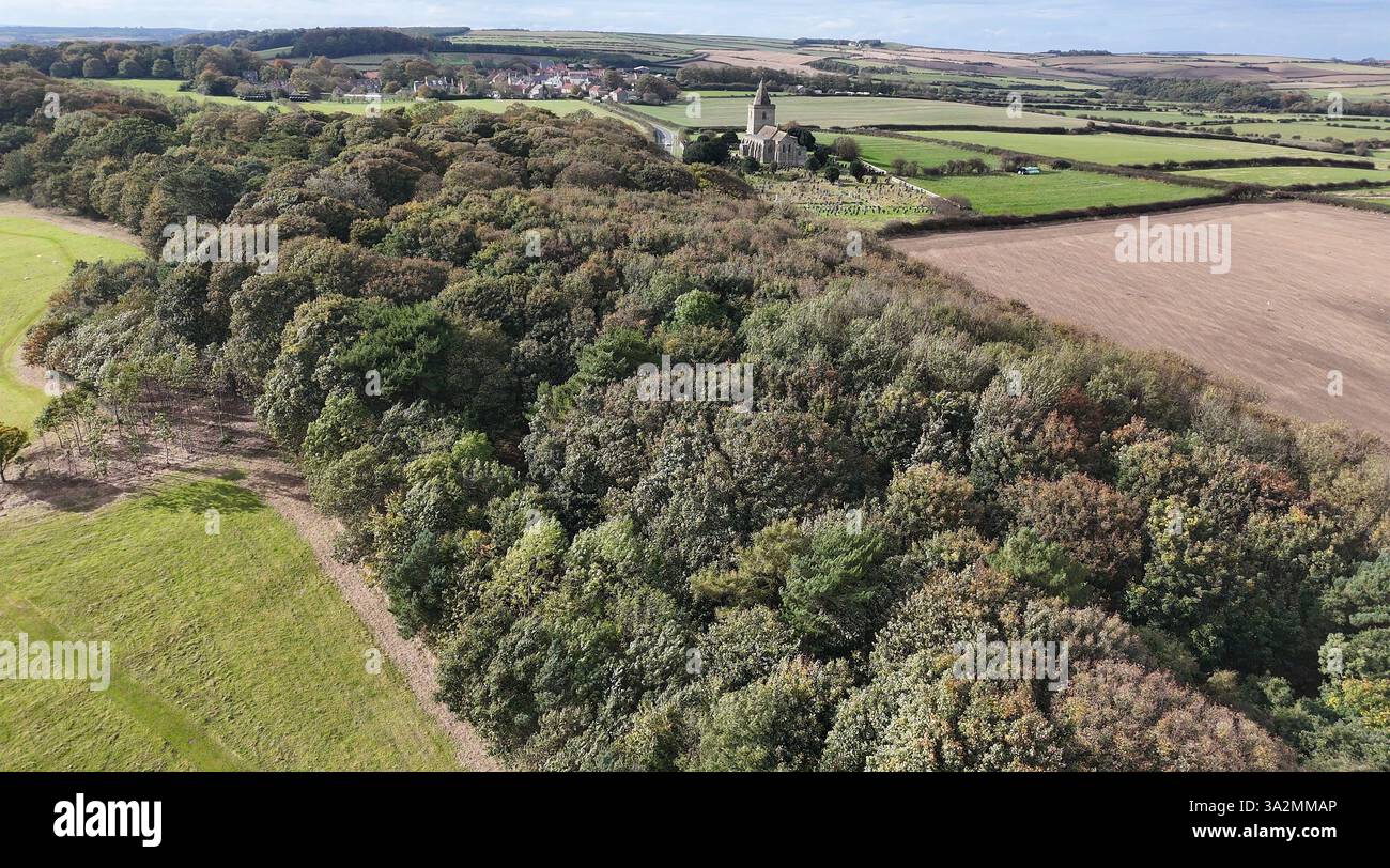 Vista aerea della chiesa di Sant'Osvaldo, Lythe. North Yorkshire Foto Stock