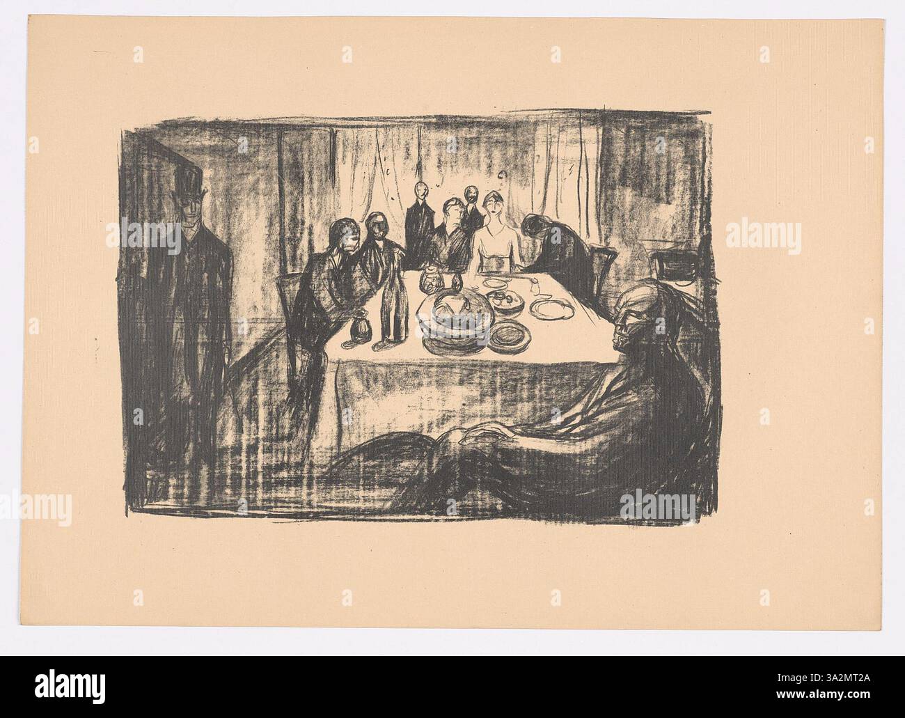 "Il matrimonio della Boemia" raffigura una coppia in contrasto con l'ambiente circostante. Attraverso linee forti e colori audaci, Munch ritrae la dissonanza emotiva delle figure, evidenziando la tensione tra la pressione sociale e i desideri personali nel contesto del matrimonio. Foto Stock