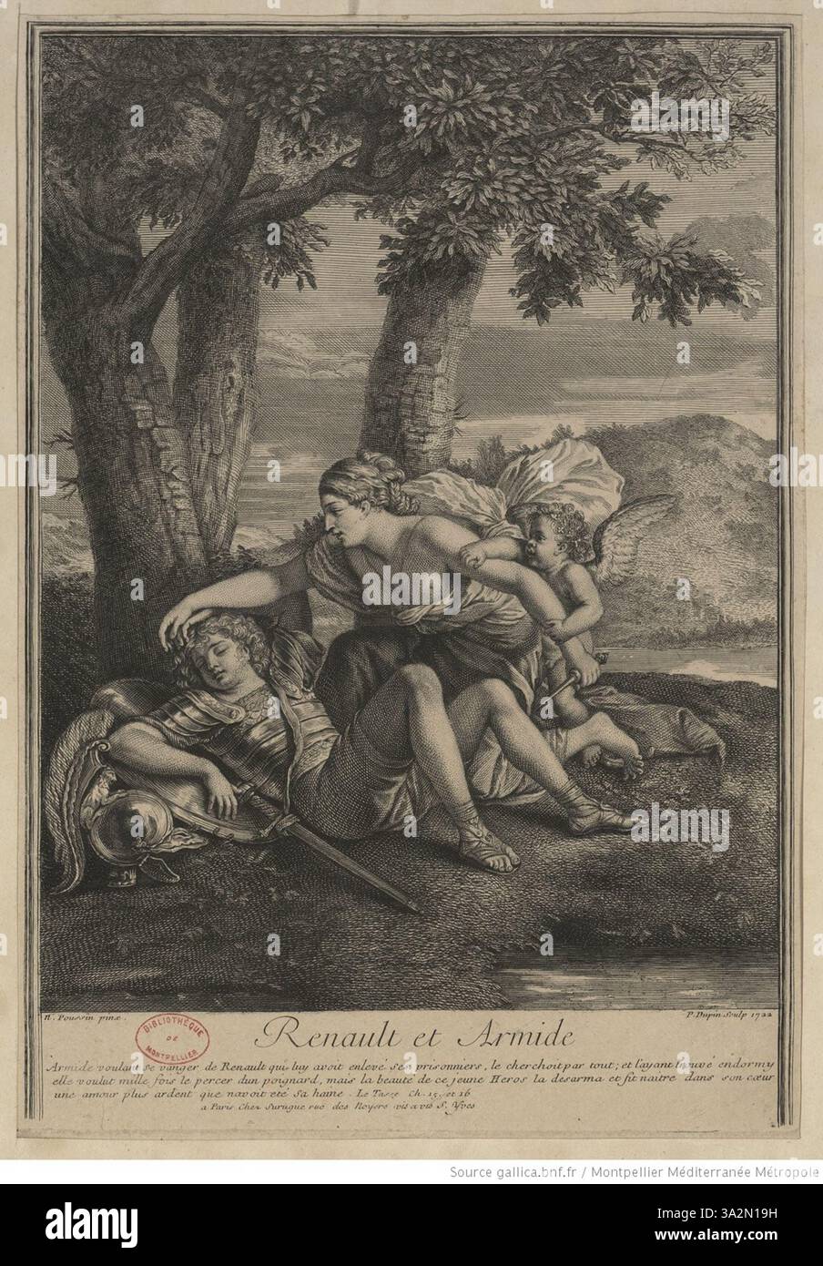 "Renault et Armide" di Pierre Dupin ritrae l'incontro mitologico tra Renaud e la strega Armide. Il dipinto cattura l'intensa tensione emotiva tra le due figure, con Renaud affascinato dall'incanto di Armide, che mette in mostra temi di amore e magia nella mitologia classica. Foto Stock