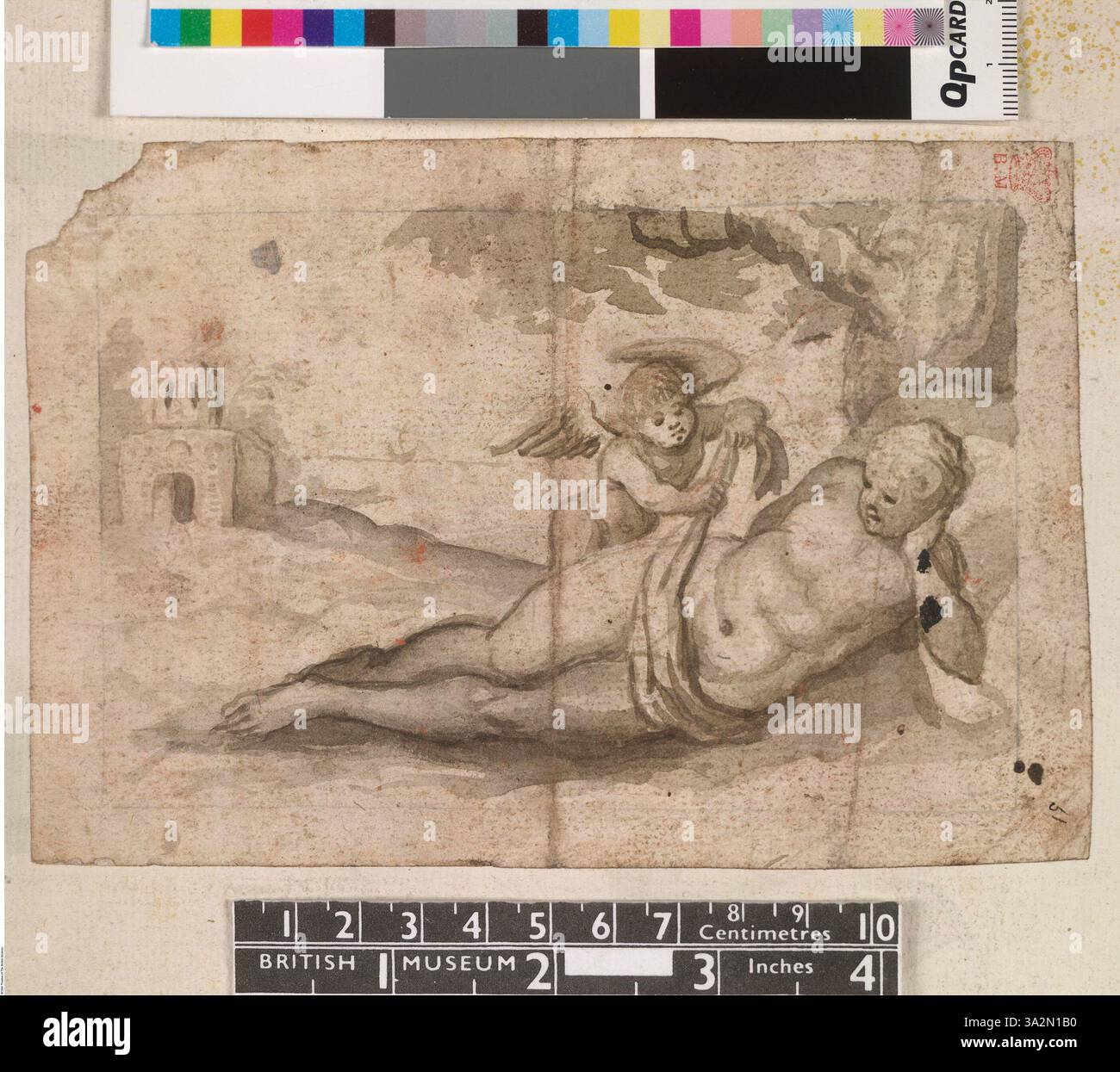 Questa opera raffigura Venere sdraiata con Cupido che tiene un tendaggio intorno alla sua vita, adagiato contro un edificio lontano. L'illustrazione fa parte dell'opera mitologica del XVI secolo di John White. Foto Stock