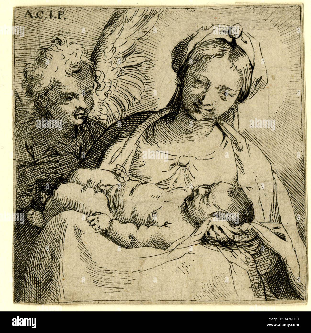 La Madonna col bambino di Annibale Carracci con un angelo ritrae la Vergine Maria che tiene il Cristo bambino, con un angelo che osserva la scena. La composizione si concentra sul legame intimo tra madre e bambino, con l'angelo che aggiunge una presenza divina al momento. Foto Stock