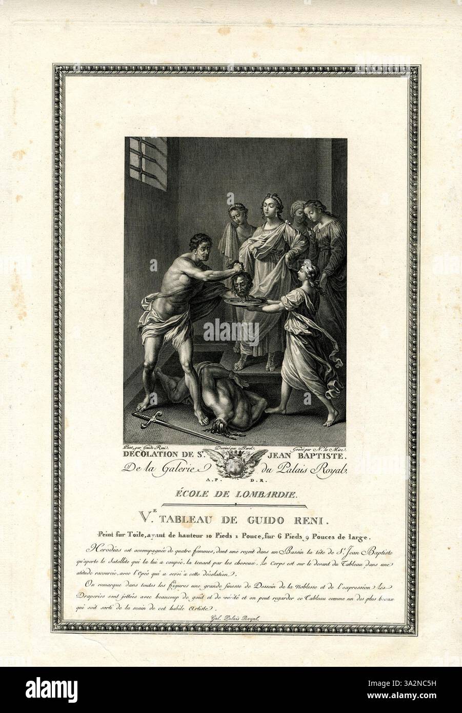 "Décolation de St Jean Baptiste" di Noël le Mire, in onore di Guido reni, raffigura la decapitazione di San Giovanni Battista, catturando il momento drammatico con belle incisioni e testi. Foto Stock