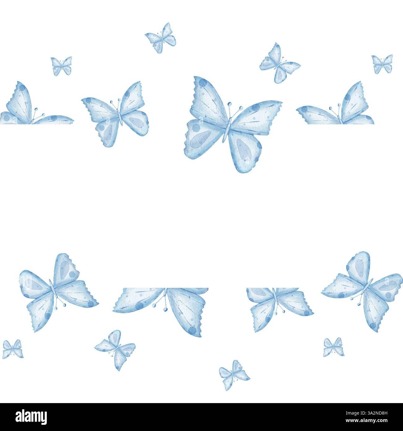 Cornice rettangolare con farfalle blu acquerello di diverse dimensioni. Modello con posizione per il testo. Isolato su sfondo bianco. Per la progettazione di inviti, matrimoni, striscioni, stampe Foto Stock