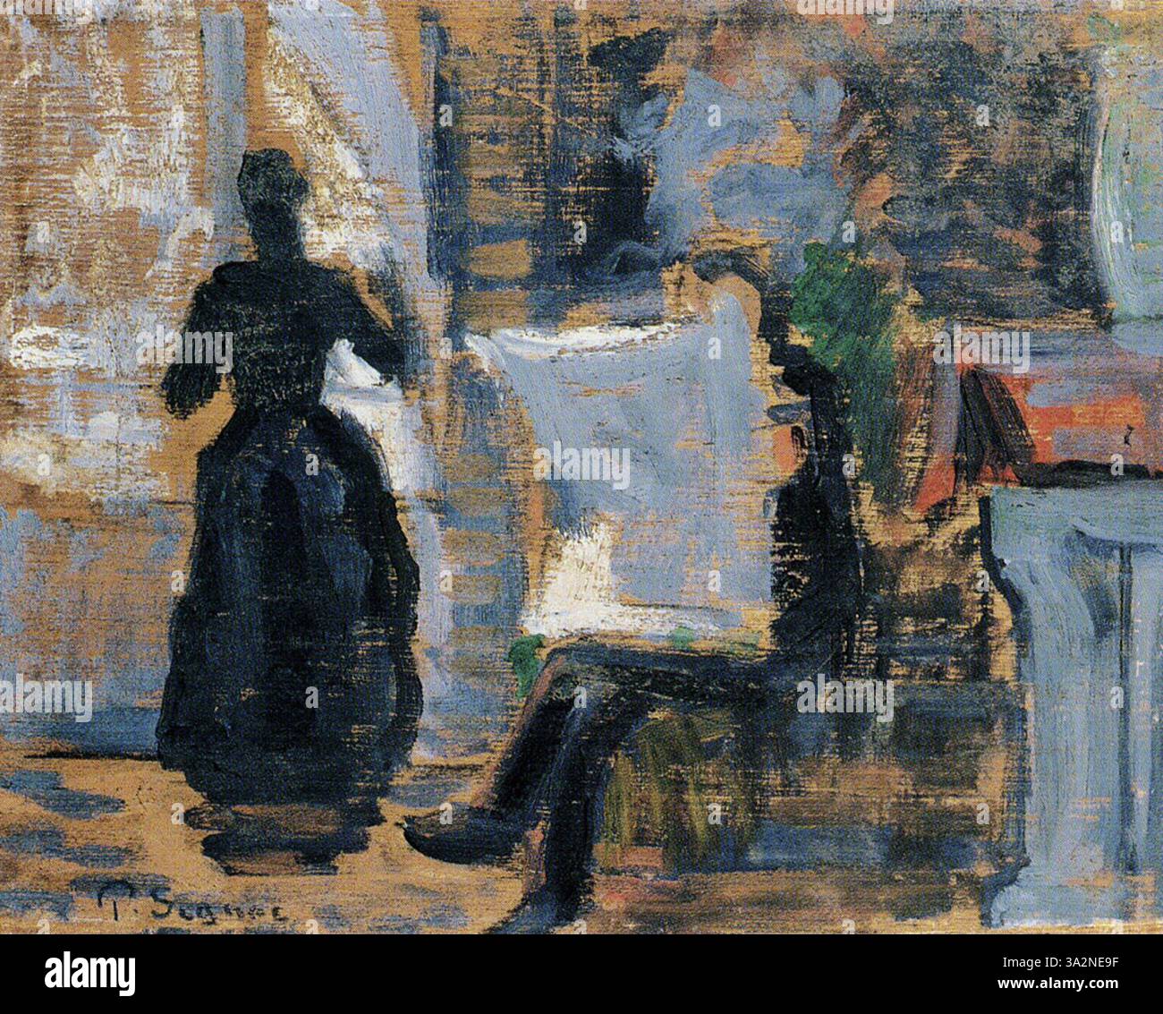 Questo studio cattura una donna alla finestra e un uomo che legge un giornale, mostrando l'esplorazione di Signac della vita domestica e delle dinamiche di colore in un formato strutturato e geometrico. Foto Stock
