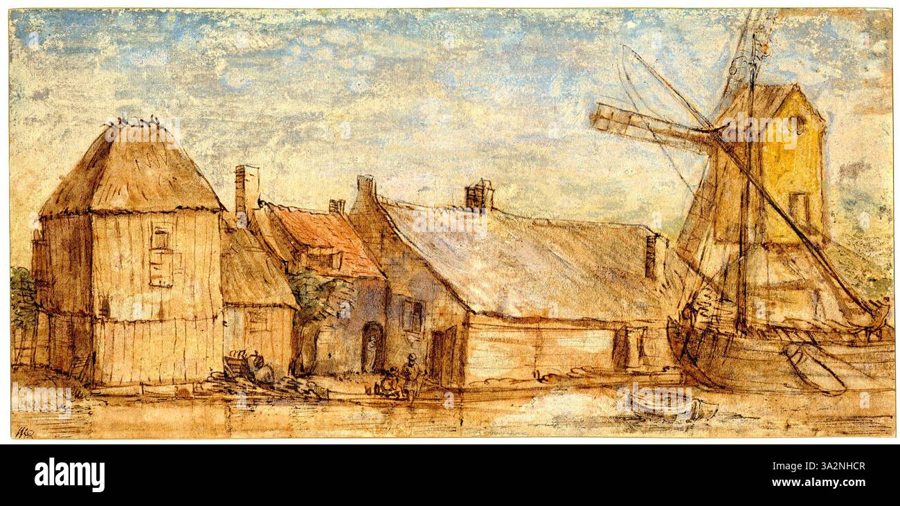 Questa scena raffigura un mulino a vento e un cottage situato lungo la riva di un canale, che enfatizza la tranquillità e il fascino della campagna olandese. La composizione fonde elementi naturali e architettonici. Foto Stock