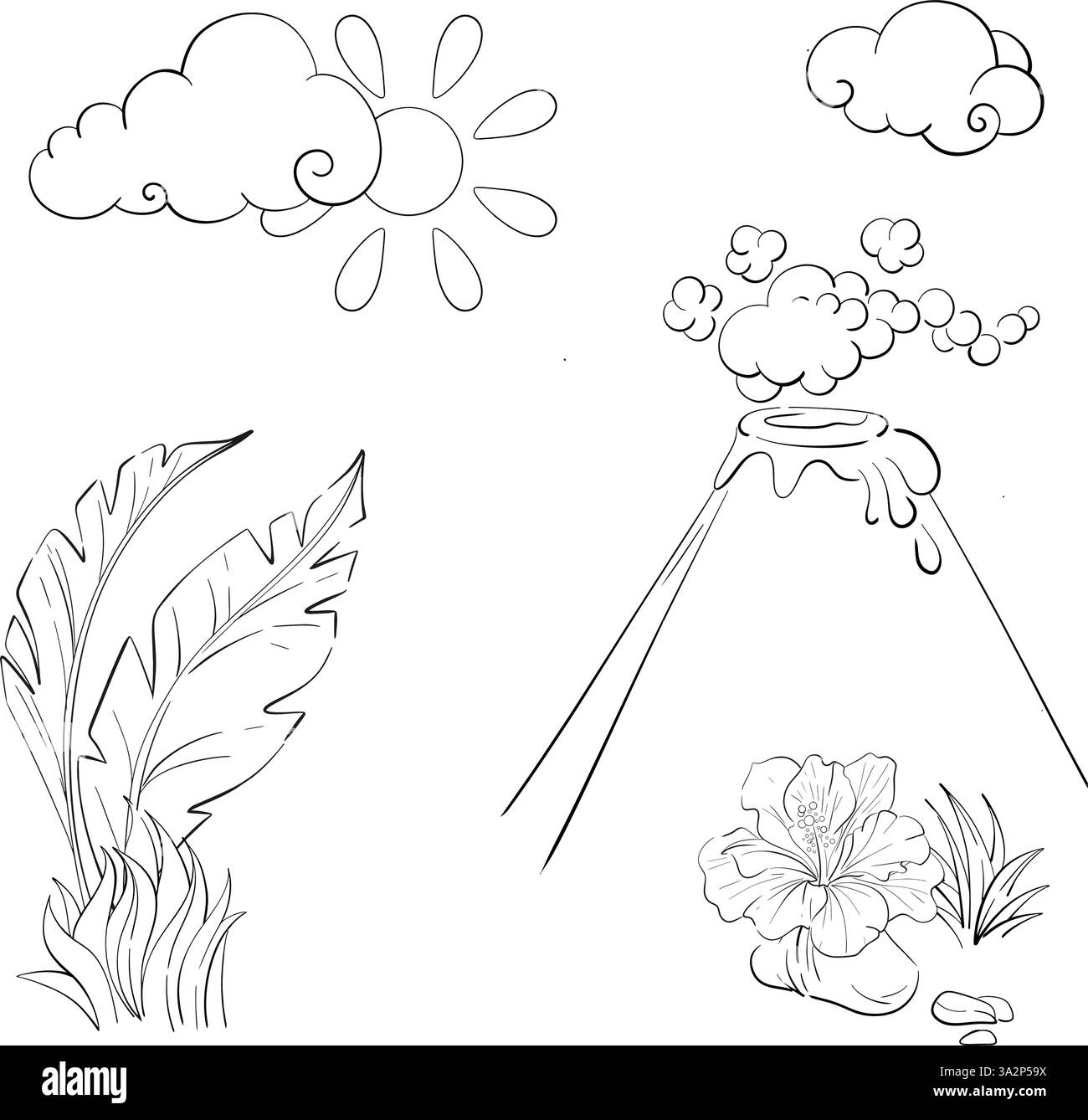 Elementi vettoriali del periodo giurassico, natura, vulcano nero, foglie di palma in stile cartoni animati. Sfondo Illustrazione Vettoriale
