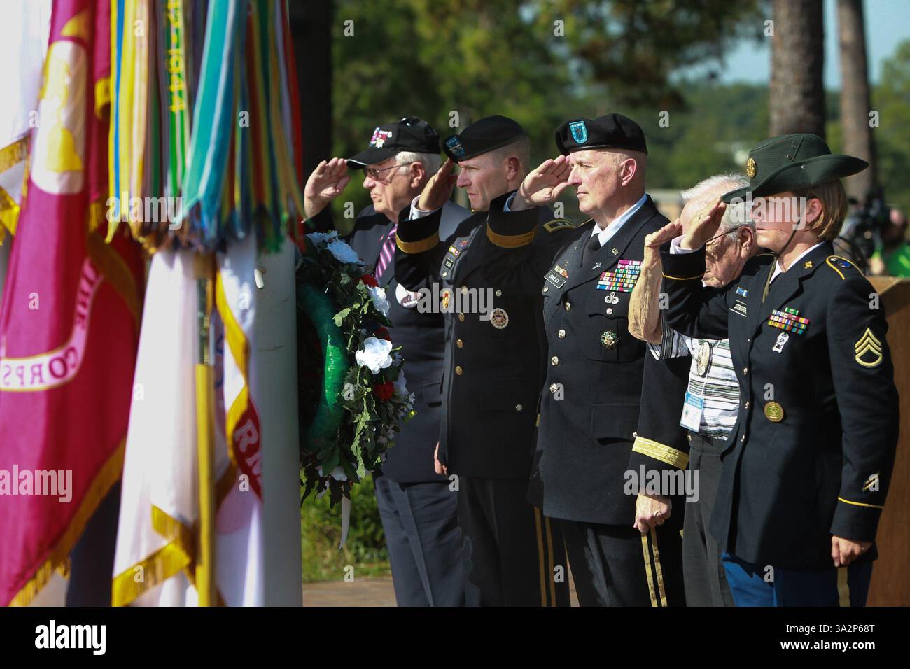 1 settembre 2014 - Columbia, SC, USA - i dignitari salutano come ''Taps'' si gioca lunedì 1 settembre 2014, per onorare i veterani della Battaglia delle Ardenne durante la loro Convention Nazionale a Columbia, S.C. (Credit Image: © Tracy Glantz/MCT/ZUMA Wire) Foto Stock