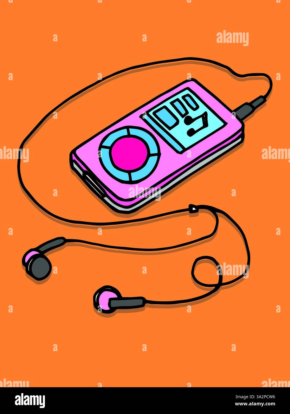 Arte del lettore MP3 portatile, lettore audio digitale MP3, iPod con auricolari, lettore musicale rosa, Sony WALKMAN ®. Dispositivo elettronico portatile Foto Stock