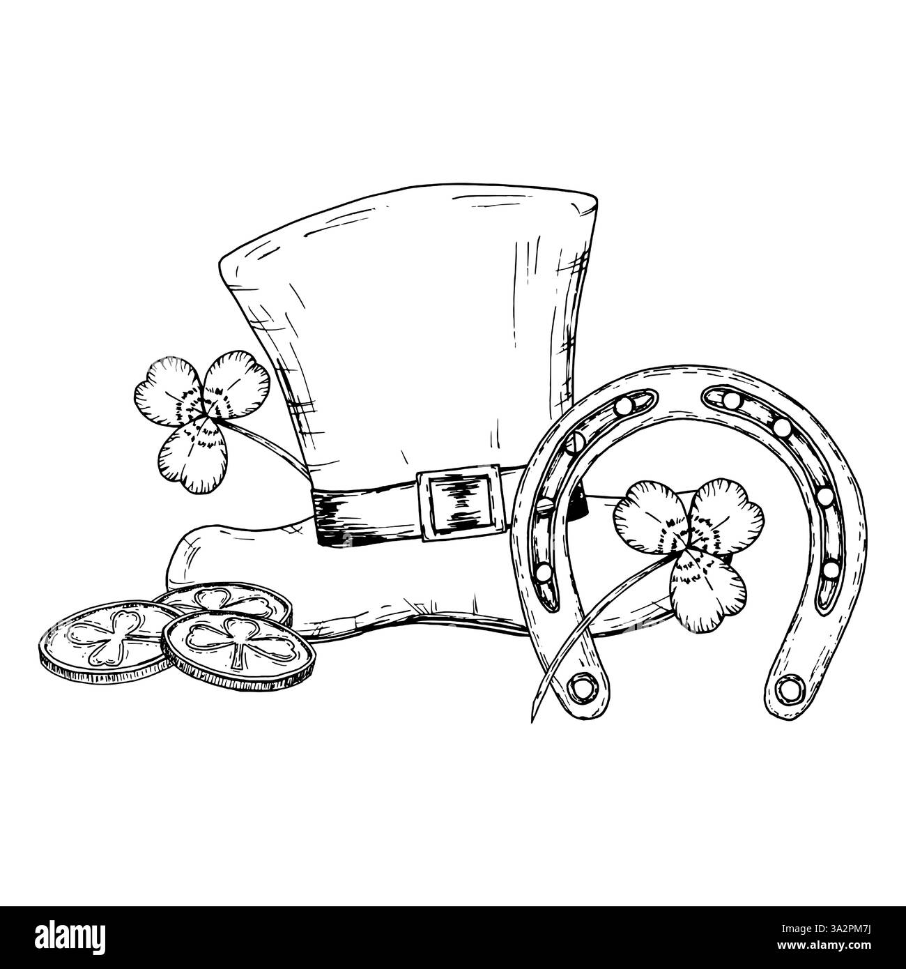 Illustrazione monocromatica di un set per il giorno di San Patrizio con un cappello di leprechaun, un ferro di cavallo, monete fortunate e sciamrock. Un design festivo che simboleggia Illustrazione Vettoriale