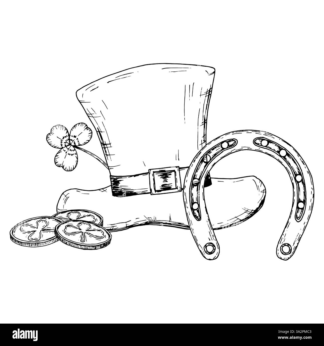 Illustrazione in bianco e nero di un set per il giorno di San Patrizio con un cappello di leprechaun, un ferro di cavallo, monete fortunate e sciamrock. Un design natalizio Illustrazione Vettoriale