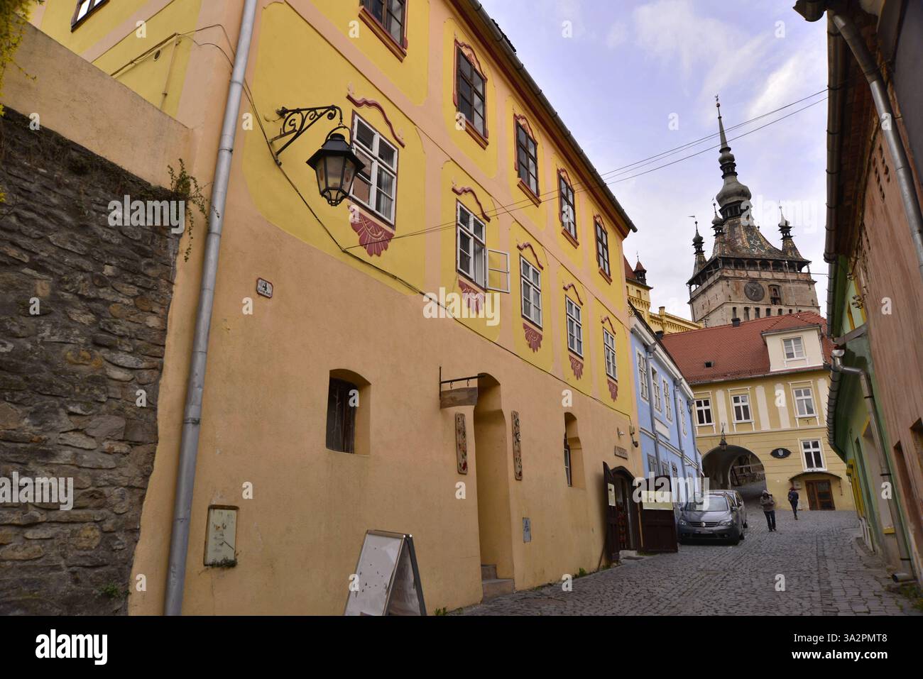 Dettagli dell'architettura di Sighisoara in Transilvania, sito patrimonio dell'umanità dell'UNESCO Foto Stock