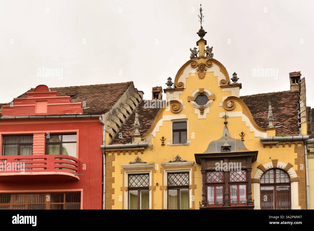 Dettagli dell'architettura di Sighisoara in Transilvania, sito patrimonio dell'umanità dell'UNESCO Foto Stock