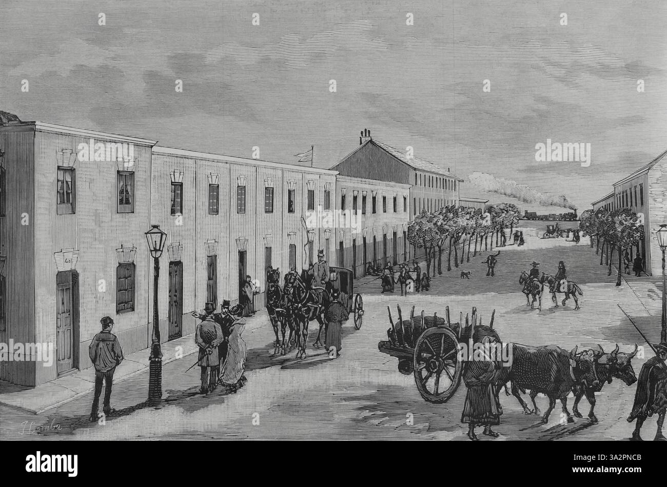 Storia della Spagna. Madrid. Case economiche per lavoratori costruite da “la Constructora Benéfica”. Quartiere di Pacífico. Prospettiva di via Caridad (calle Caridad). Trentotto case furono costruite per 58 famiglie. L'accesso agli alloggi per i lavoratori è stato facilitato, consentendo loro di acquisire la proprietà delle loro case pagando l'affitto per alcuni anni. Disegno di Juan Comba. Incisione. La Ilustración Española y americana (The Spanish and American Illustration), 15 gennaio 1883. Foto Stock