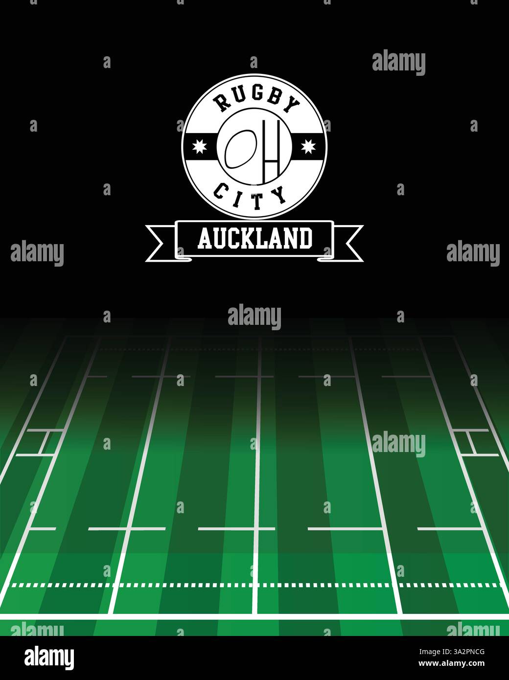 Auckland Concept for Rugby City White Stamp with Green Field background, immagine astratta Illustrazione Vettoriale