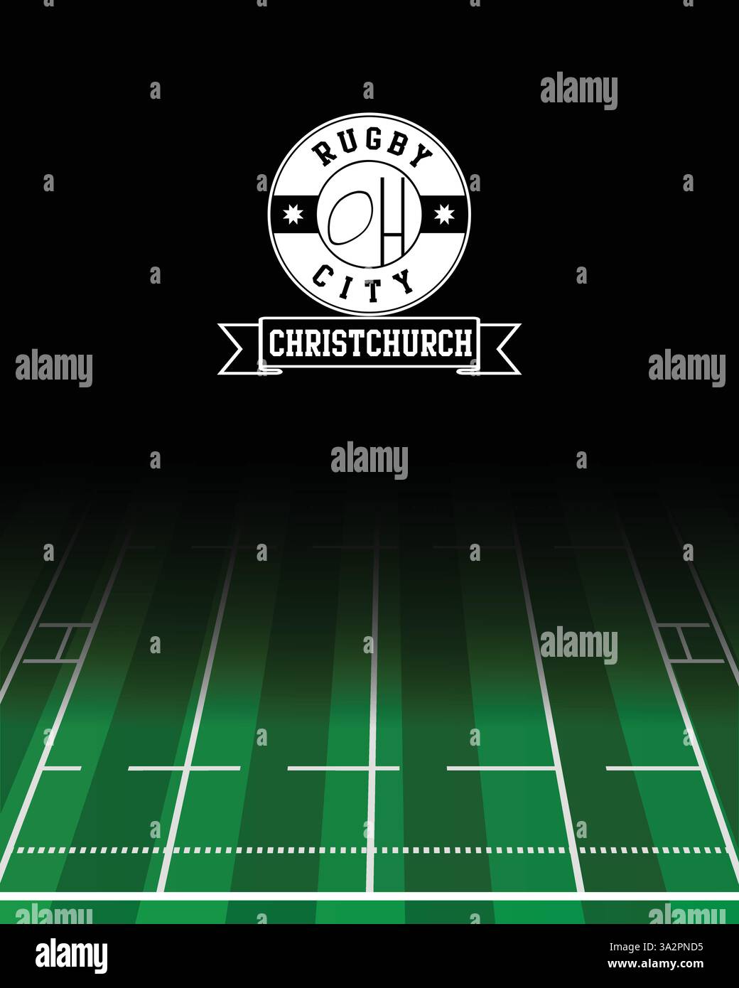 Christchurch Concept for Rugby City White Stamp with Green Field background, immagine astratta Illustrazione Vettoriale