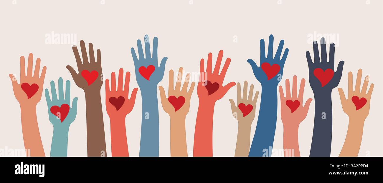 Gruppo di mani alzate di volontari multiculturali che hanno un cuore rosso. Concetto di sostegno o assistenza volontaria Illustrazione Vettoriale