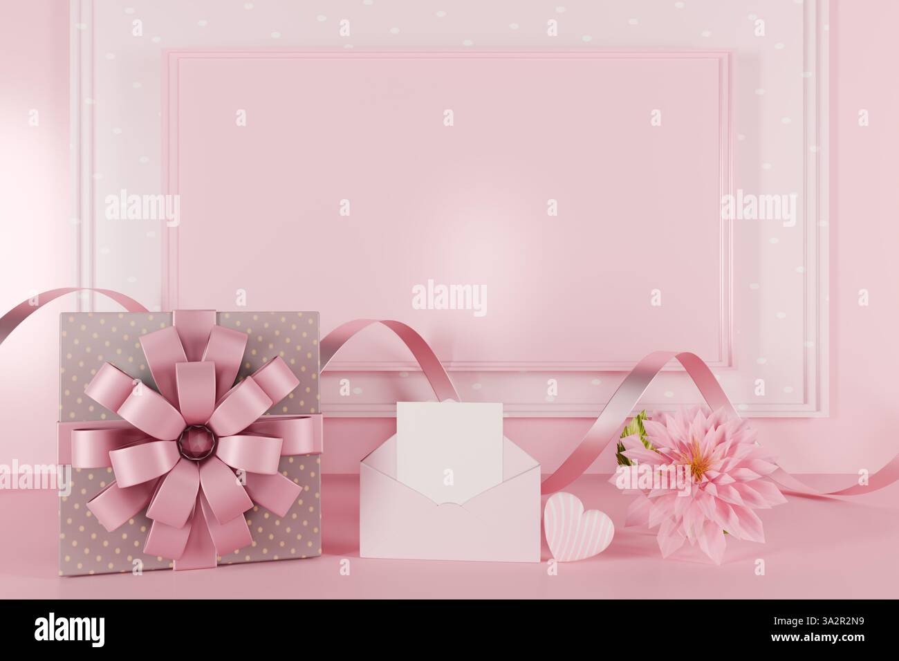 Un regalo a tema rosa con un nastro, una busta e un fiore, perfetto per i festeggiamenti di San Valentino. rendering 3d. Foto Stock