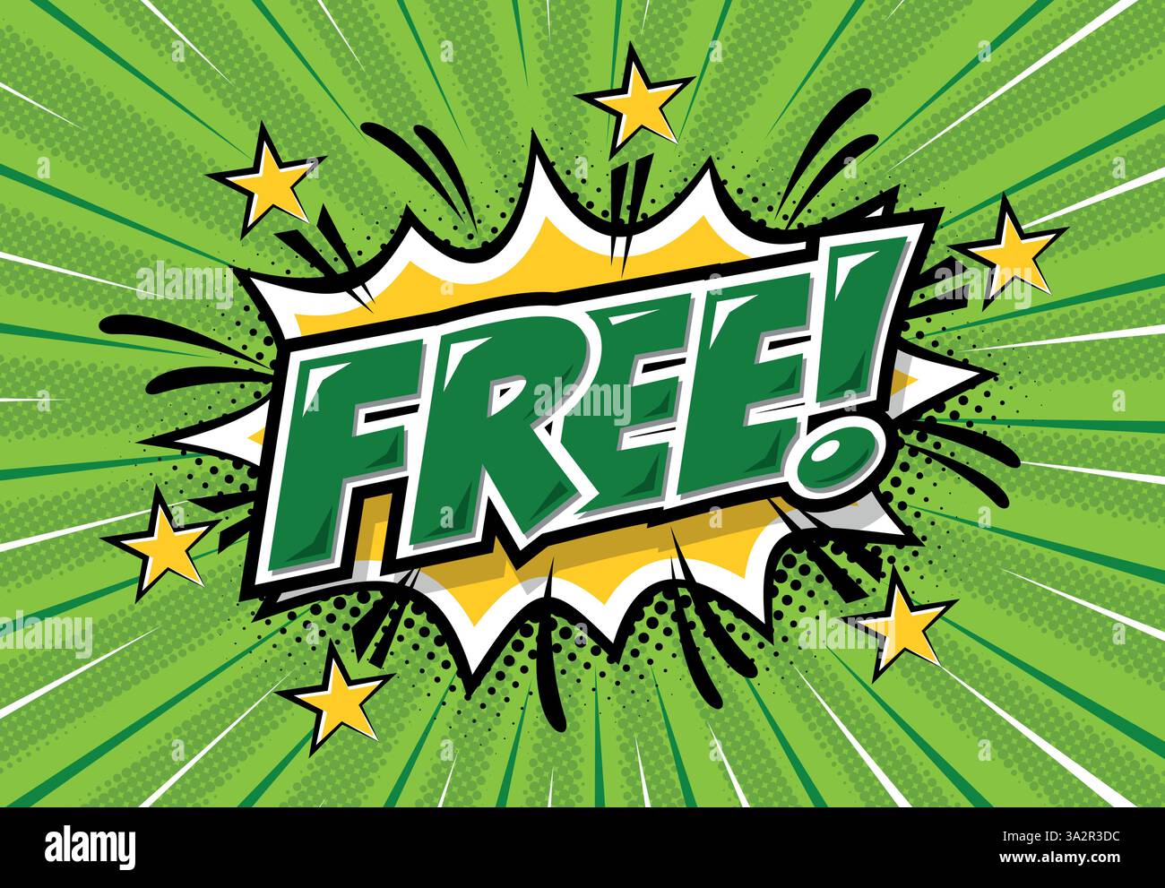 Gratis! Parola in stile fumetto in bolla con bomba esplosiva. Modello adesivo vettoriale in stile pop art su sfondo verde Illustrazione Vettoriale