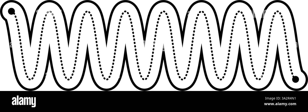 Elemento ondulato a zig zag orizzontale tratteggiato per foglio di lavoro per bambini, linea tratteggiata per scrivere, disegnare e illustrazione per lo sviluppo di abilità motorie Illustrazione Vettoriale