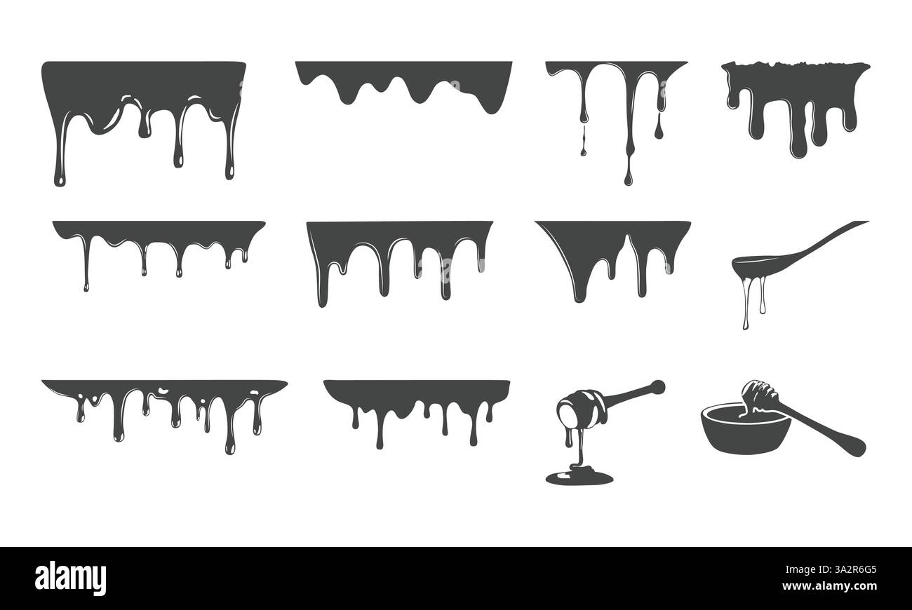 Vettori liquidi sgocciolanti, silhouette gocciolante, silhouette gocciolante miele, silhouette gocciolante miele, silhouette gocciolante. Illustrazione Vettoriale