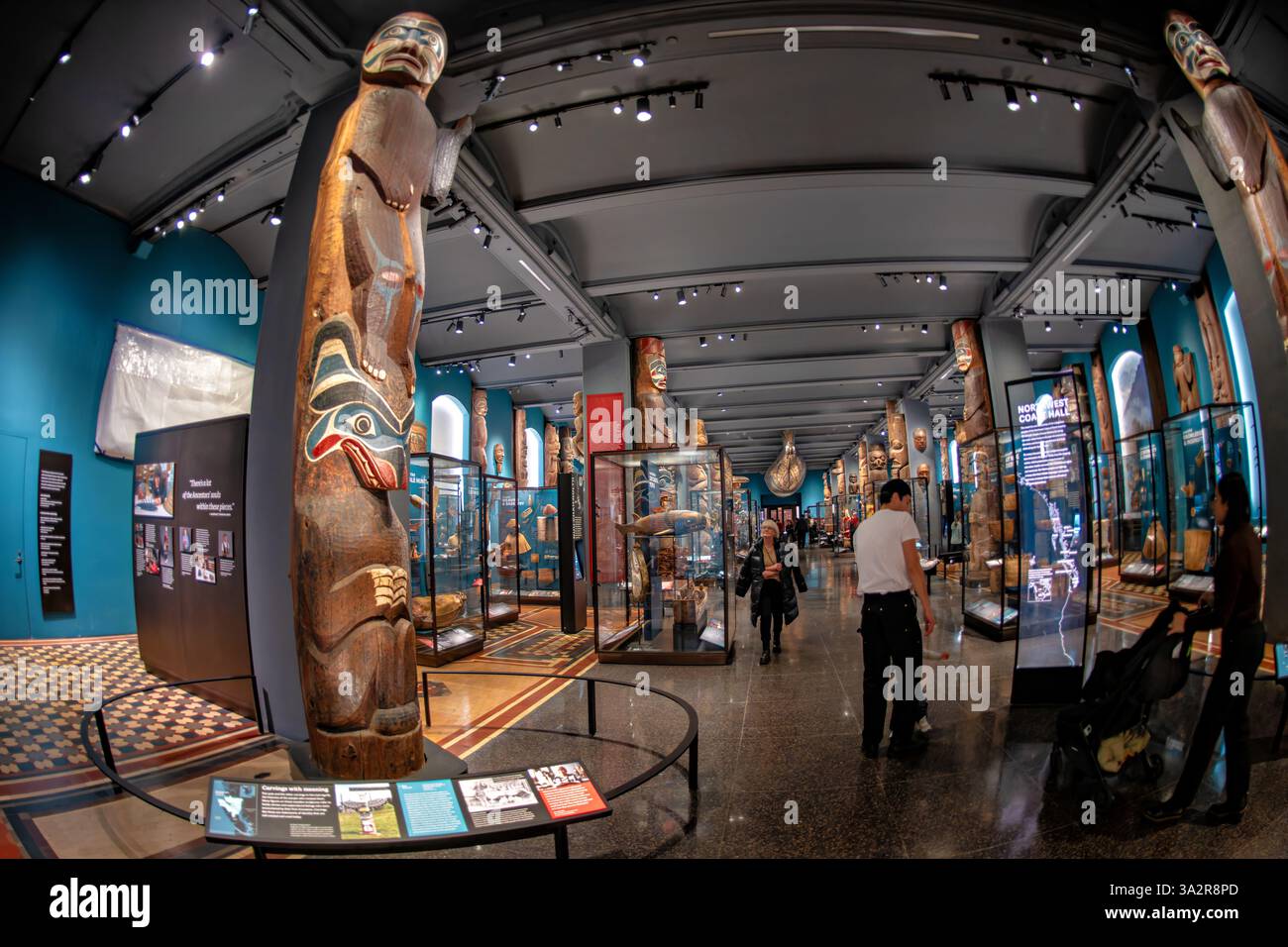 American Museum of Natural History Northwest Coast Hall New York City // NEW YORK CITY, Stati Uniti - la Northwest Coast Hall dell'American Museum of Natural History espone più di 1.000 tesori culturali provenienti da dieci nazioni indigene del Nord-ovest Pacifico. Sviluppata in collaborazione con le comunità native, la galleria rinnovata presenta 67 sculture monumentali alte da 3 a 17 metri, oltre ad altri importanti manufatti culturali. La mostra presenta la cultura materiale di Salish Coast, Gitxsan, Haida, Haíłzaqv, Kwakwaka'wakw, Nuu-chah-nulth, Nuxalk, Łingít/Tlingit, Foto Stock