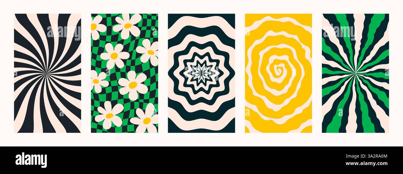 Set di motivi retrò psichedelici astratti. Sfondi alla moda dallo stile astratto y2k. Grafica vettoriale per poster e stampe artistiche. Illustrazione Vettoriale