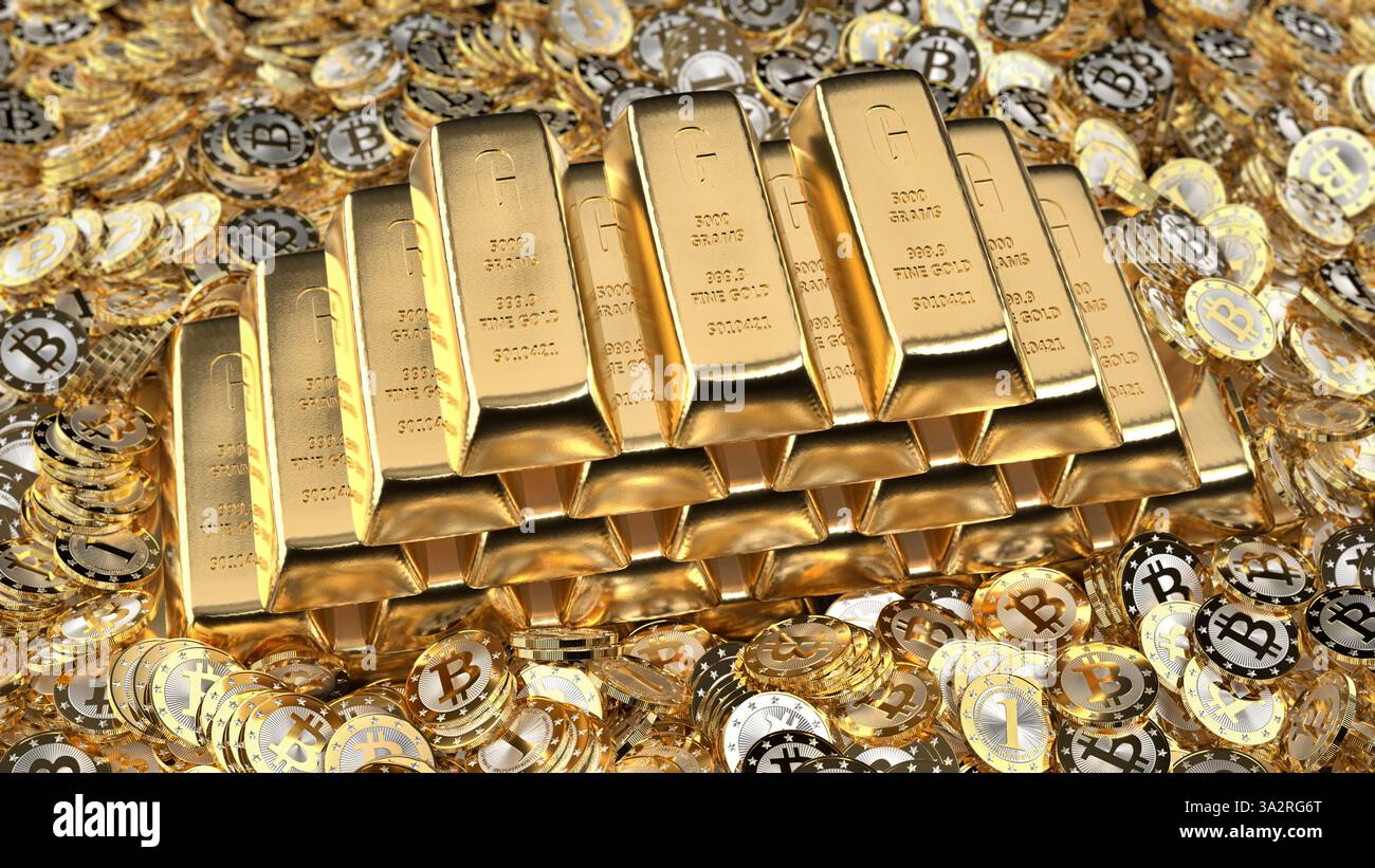 Bitcoin e Gold Bars. Foto Stock