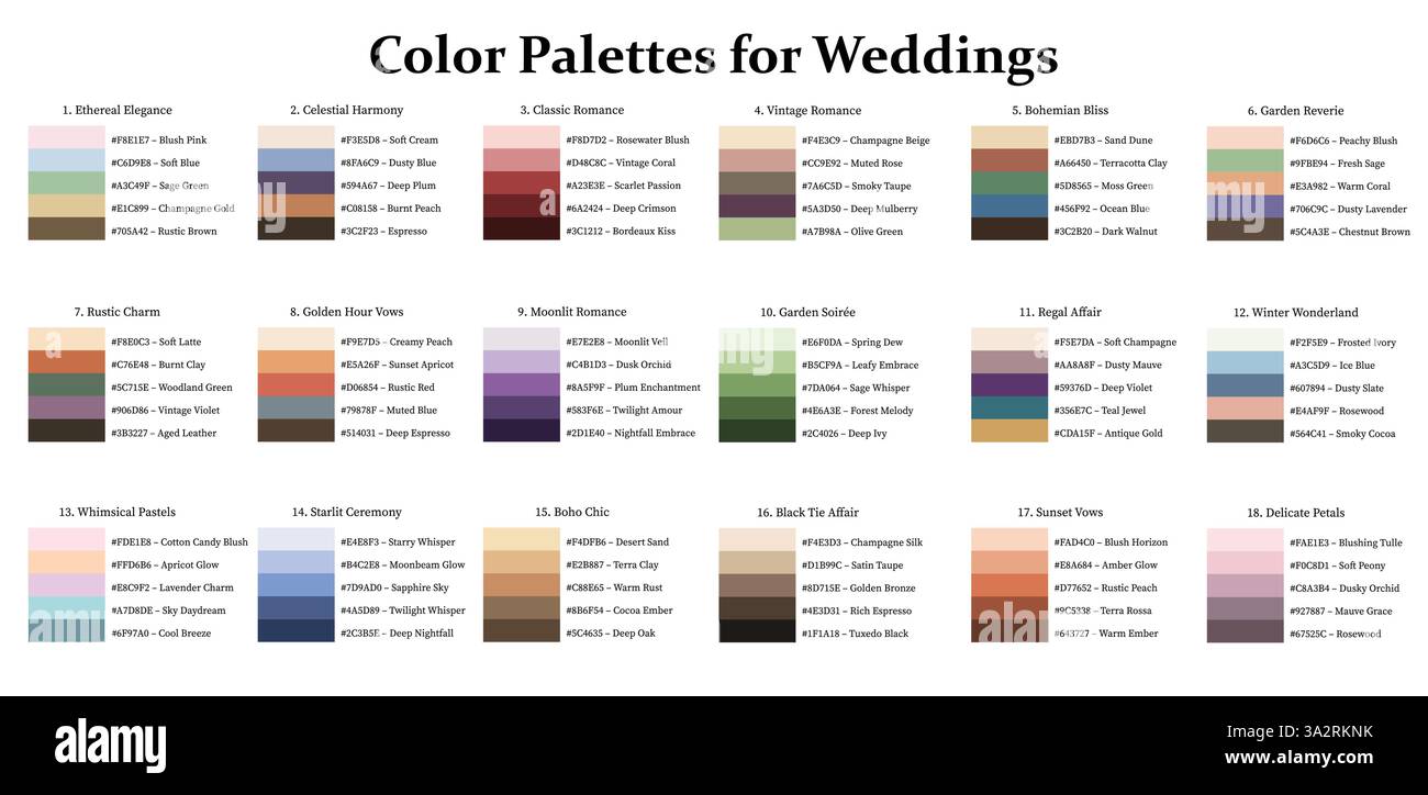 Tavolozze dei colori 18x5 Swatches per matrimoni - monocromatico, freddo, caldo, neutro, Mix Colors - con codici e nomi ESADECIMALI, combinazione di colori e combinazioni Illustrazione Vettoriale