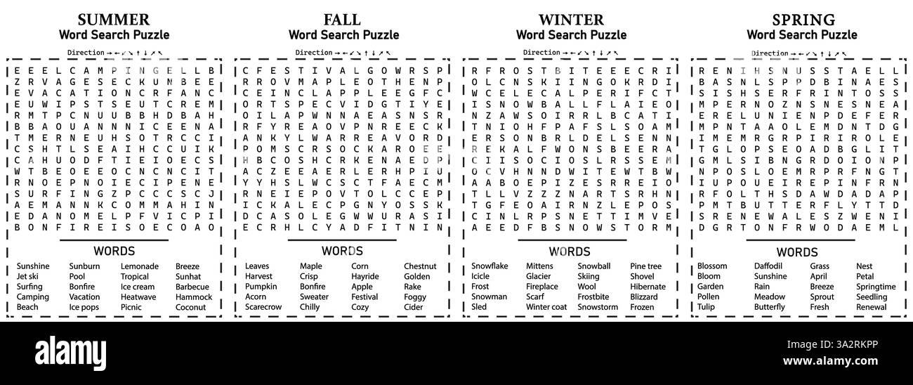 All Seasons 4 Word Search 15x15 Giochi puzzle per bambini, ragazzi e adulti - Estate, Autunno, Inverno, Primavera, difficile e divertente Illustrazione Vettoriale