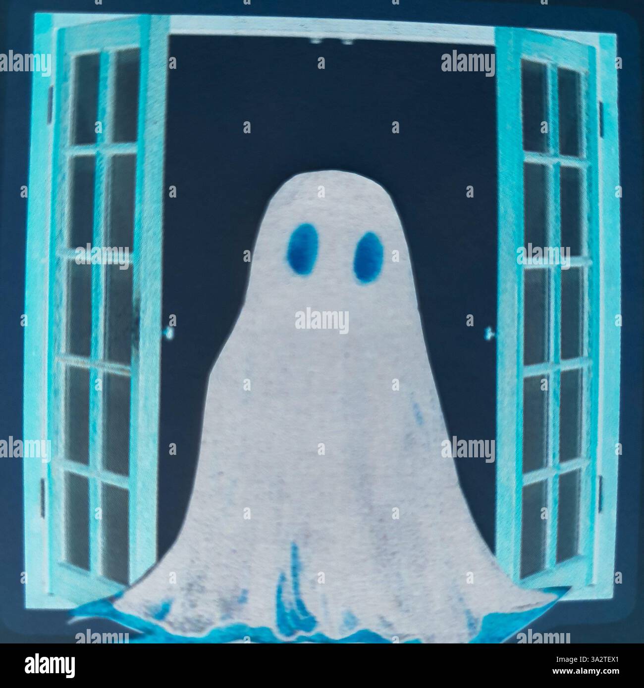 Collage concettuale di un piccolo fantasma amico Foto Stock